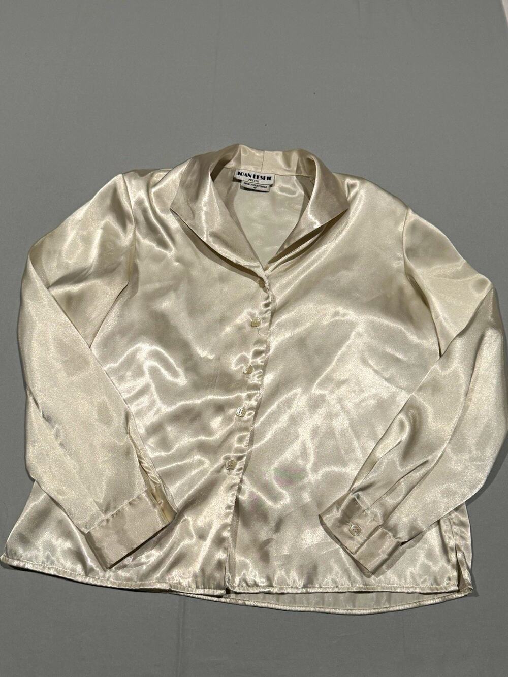 Joan Leslie Women Petite Ivory Satin Polyester Button Front Pajama Top Collared